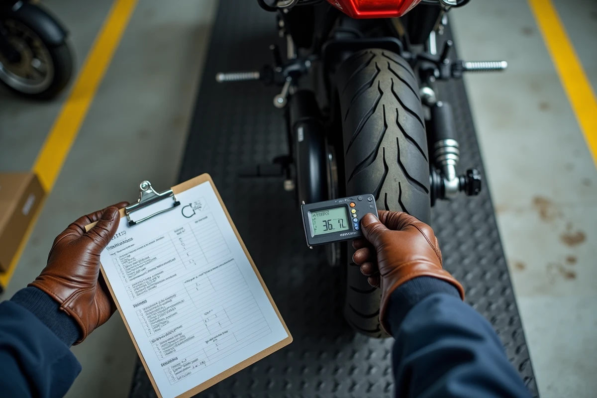 Vérification de la profondeur de gomme du pneu arrière d'une moto lors d'un contrôle technique deux-roues obligatoire