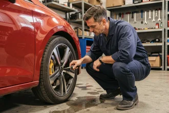 Mécanicien vérifiant la pression des pneus d'une Seat Ibiza rouge avec un manomètre dans un garage