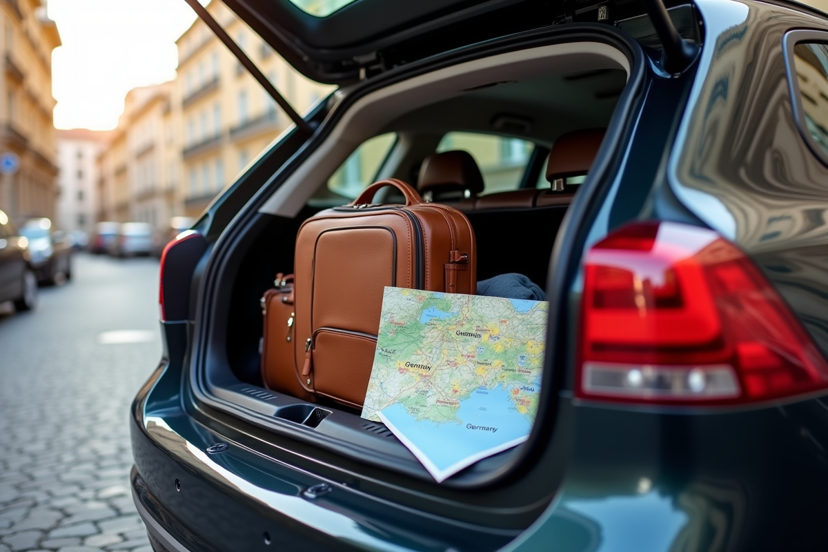 Voiture avec bagages et carte routière sur une rue européenne