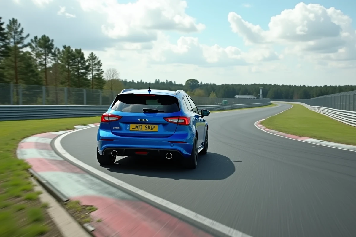 Voiture de tourisme en pleine accélération dans un virage de circuit lors d'un stage de pilotage