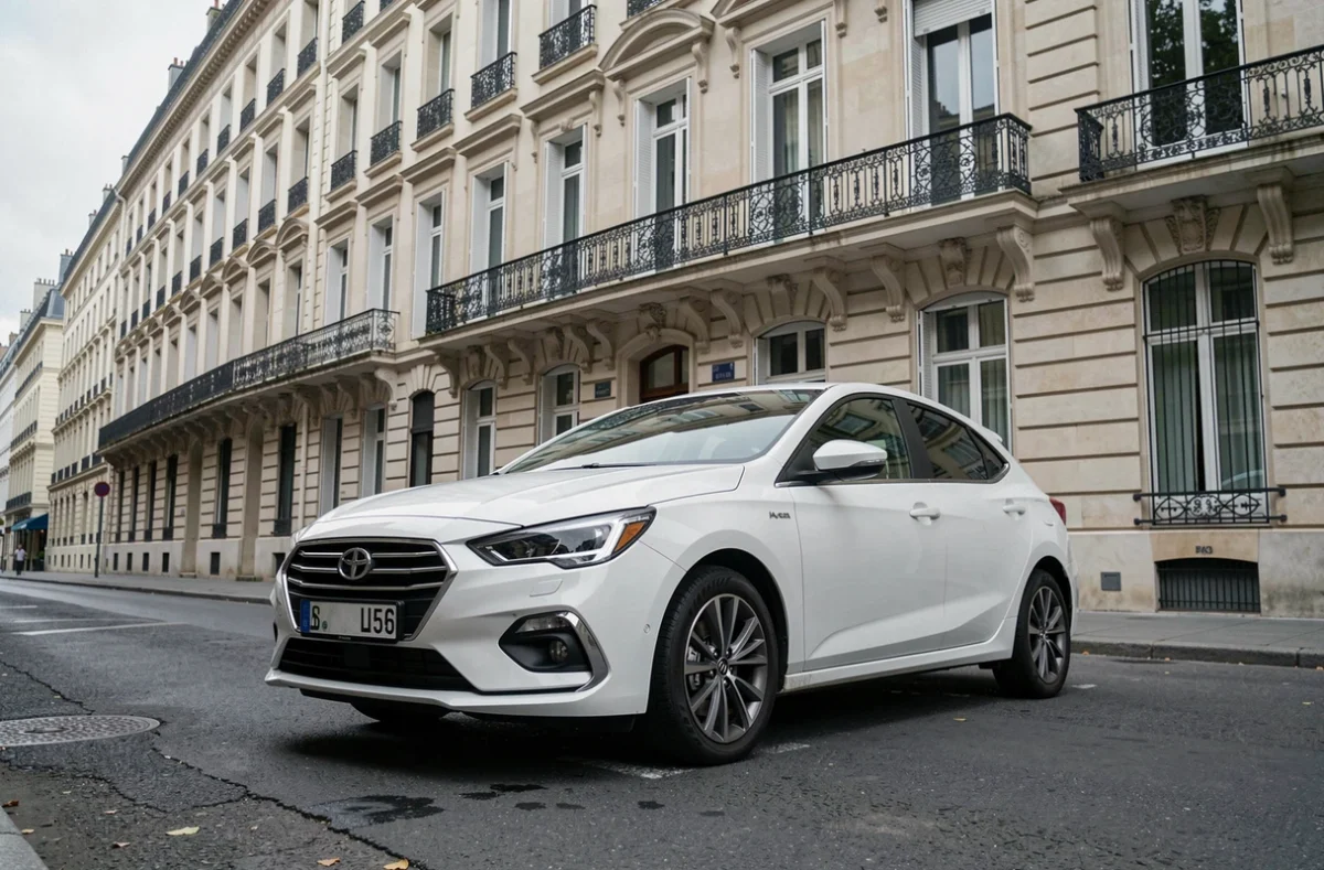 Voiture compacte blanche la plus vendue en France garée dans une rue parisienne typique en 2026