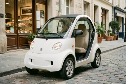 Voiture sans permis blanche garée dans une rue pavée de Challans près d'une boulangerie