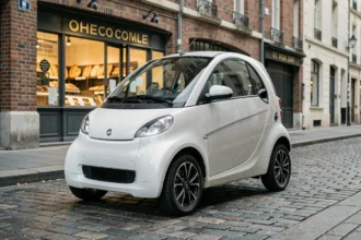 Voiture sans permis blanche garée dans une rue pavée française devant une boulangerie