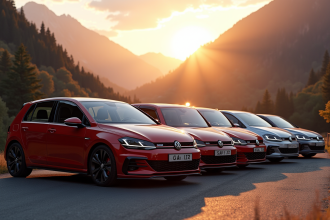 Ligne de hatchbacks 2025 sur route de montagne au lever du soleil