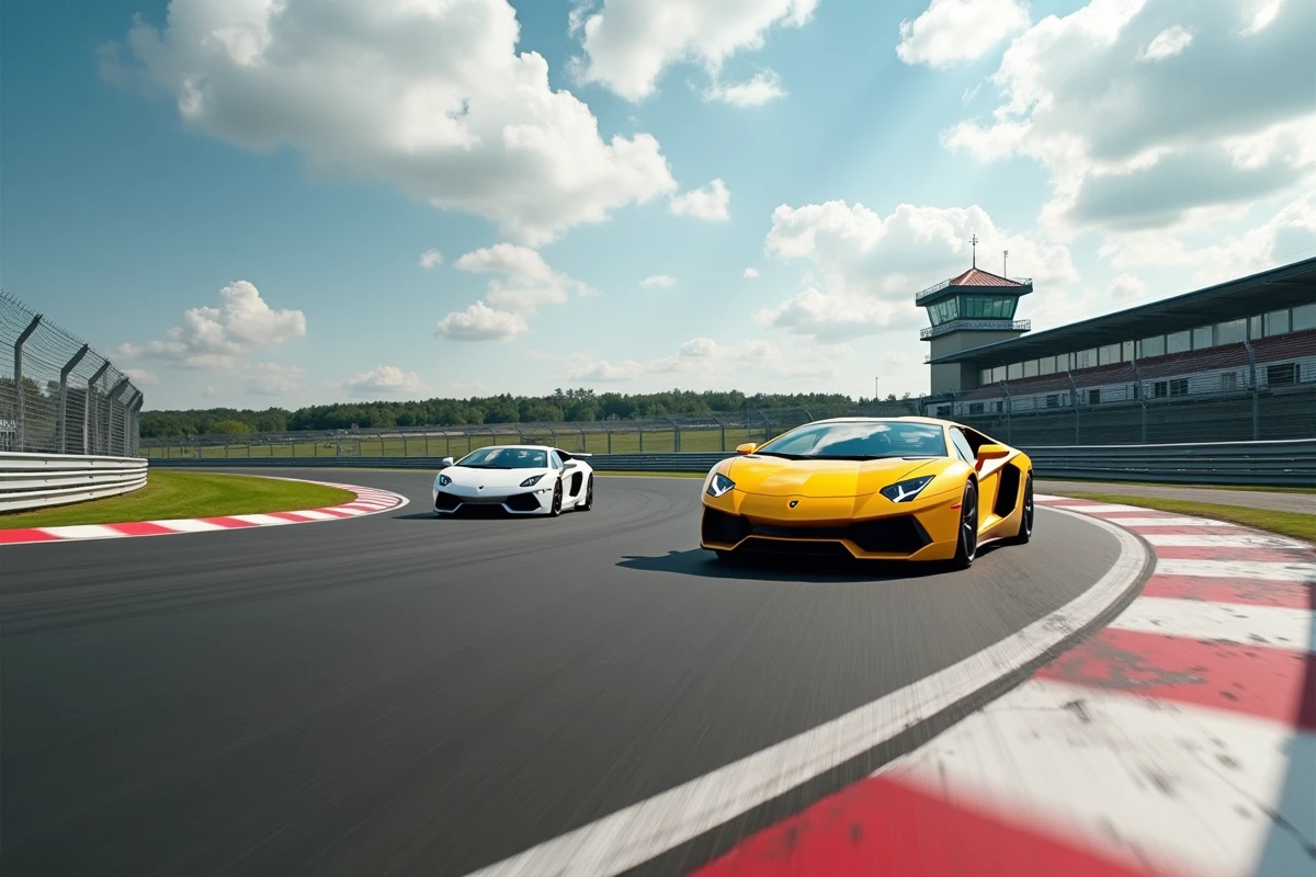 Deux voitures de sport en action dans un virage sur un circuit de stage de pilotage en France