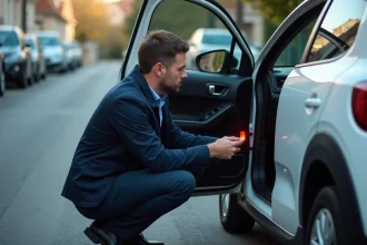 Homme inspectant le voyant moteur allumé sur le tableau de bord d'une Citroën C3 blanche garée en rue