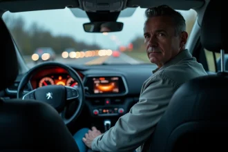 Conducteur masculin dans une Peugeot 3008 regardant un voyant orange allumé sur le tableau de bord, sur autoroute