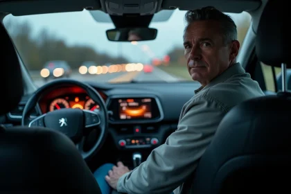 Conducteur masculin dans une Peugeot 3008 regardant un voyant orange allumé sur le tableau de bord, sur autoroute