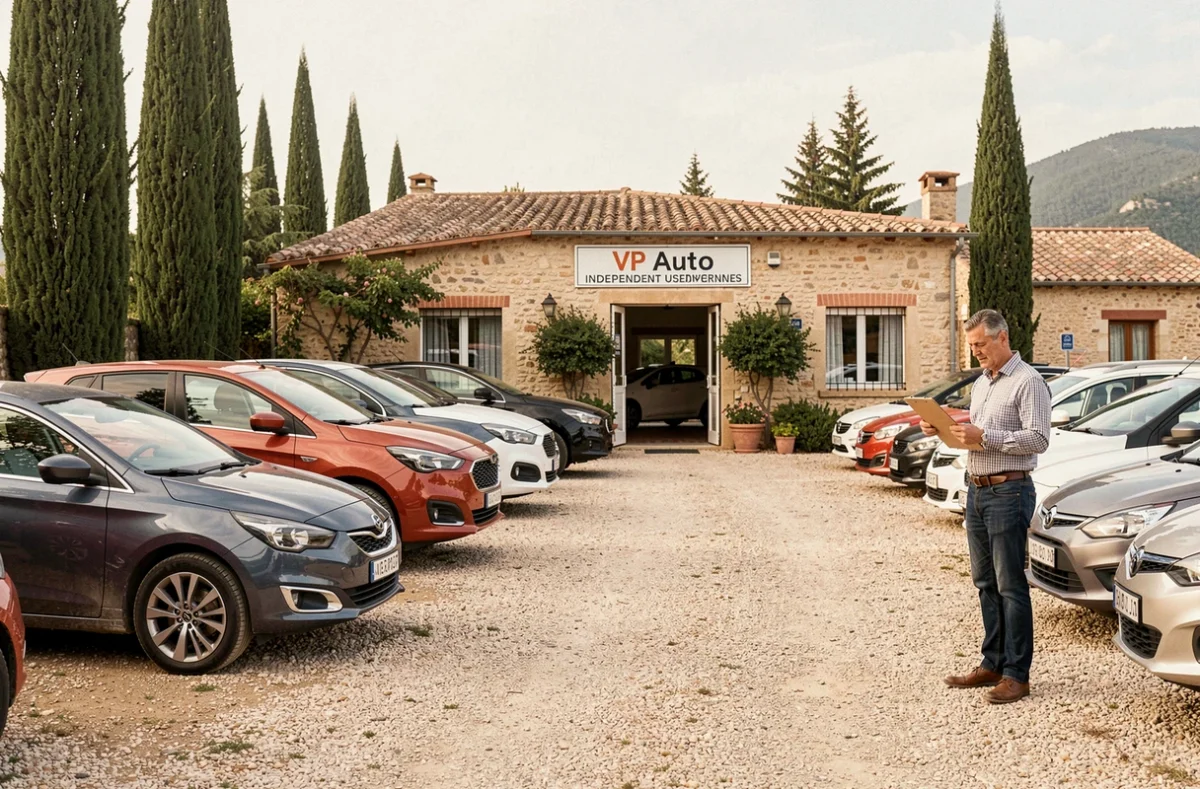 Concessionnaire de VP Auto examinant des documents devant une sélection de voitures d'occasion en Provence